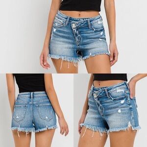 High Rise Distressed Criss Cross Shorts